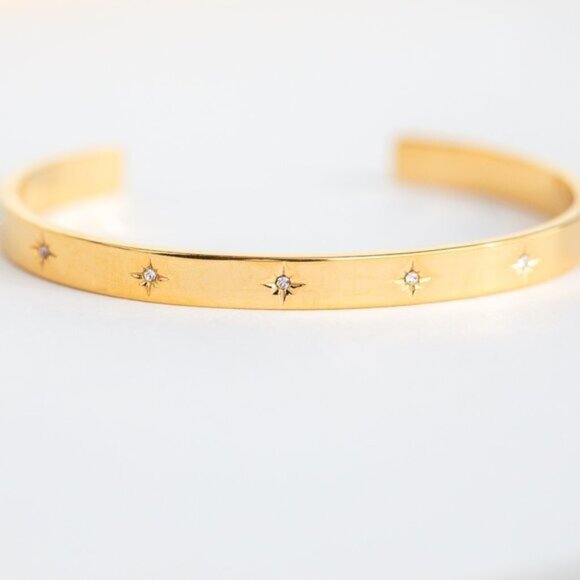 Chunky Bangle Bracelet Sparkle Cuff Bracelet Waterproof Gold w/ Cubic Zirconia - Picture 1 of 12